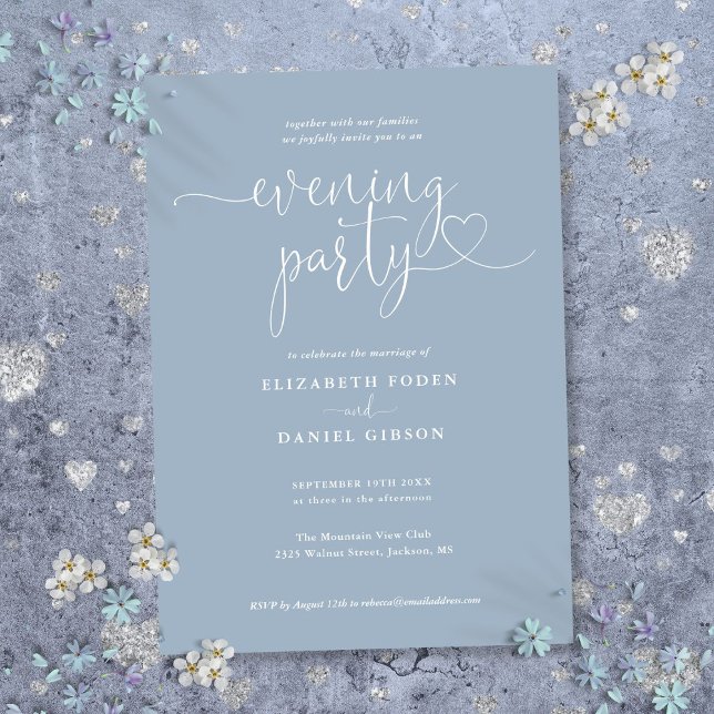 Invitation Mariage de soirée de fête de script de coeur bleu  (Dusty Blue Heart Script Wedding Evening Party Invitation)