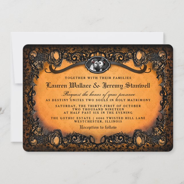 Invitation Mariage de squelette d'Halloween noir orange (Devant)