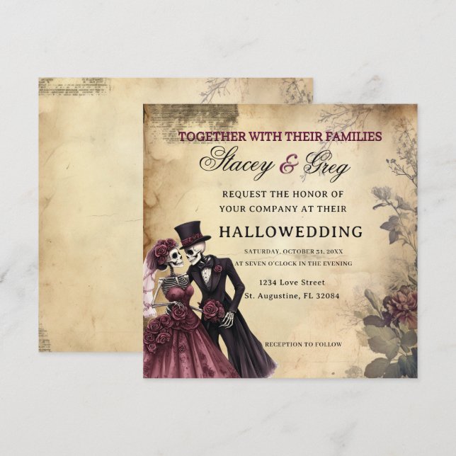 Invitation Mariage de squelette gothique rustique d'Halloween (Devant / Derrière)