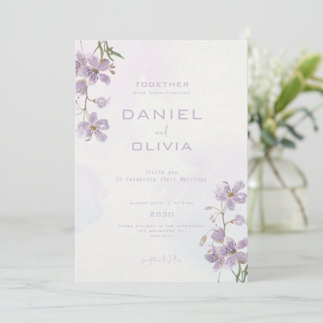 Invitation Mariage de style Aquarelle Florale violet (Debout devant)