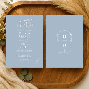 Invitation Mariage de style fermier en bleu poussiéreux en li