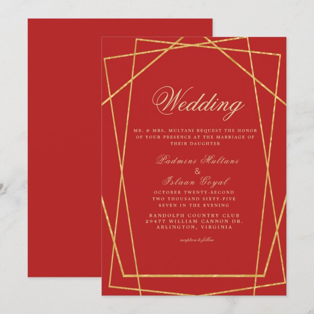 Invitation Mariage de style indien géométrique en or rouge (Devant / Derrière)