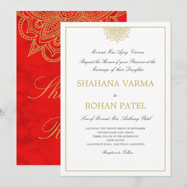 Invitation Mariage de style indien rouge marbré or couleur (Devant / Derrière)