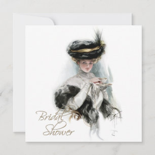Invitation Mariage de style rétro noir et or : thé et shower
