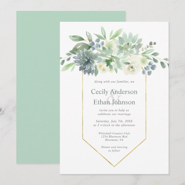 Invitation Mariage de succulents vert pâle et de fleurs blanc (Devant / Derrière)