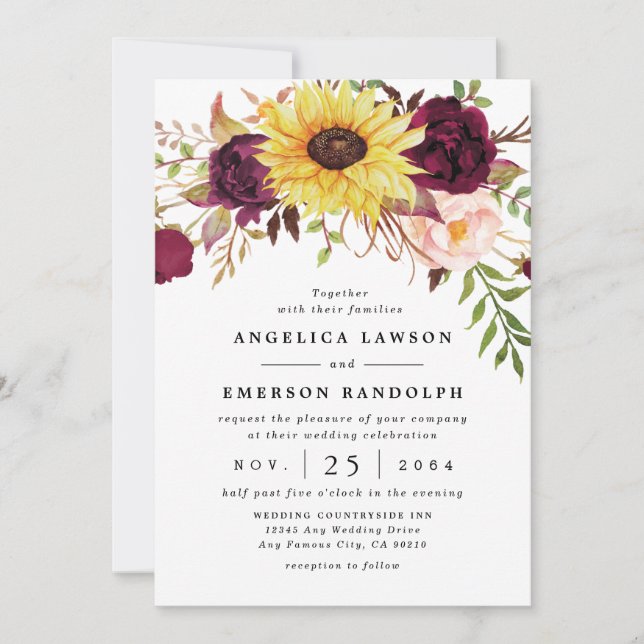 Invitation Mariage de Sunflower Burgundy Red Blush Peony (Devant)