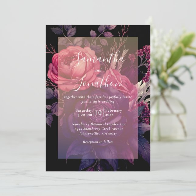 Invitation Mariage de superposition de Rose gothique noir (Debout devant)