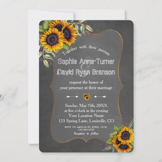 Invitation Mariage de tableau de bord de tournesol rustique (Devant)