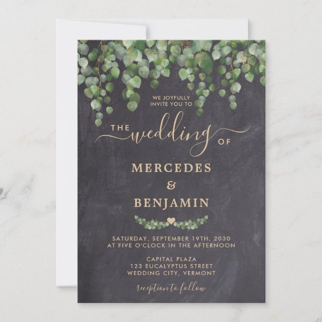 Invitation Mariage de tableau de bord en or Eucalyptus Rustiq (Devant)