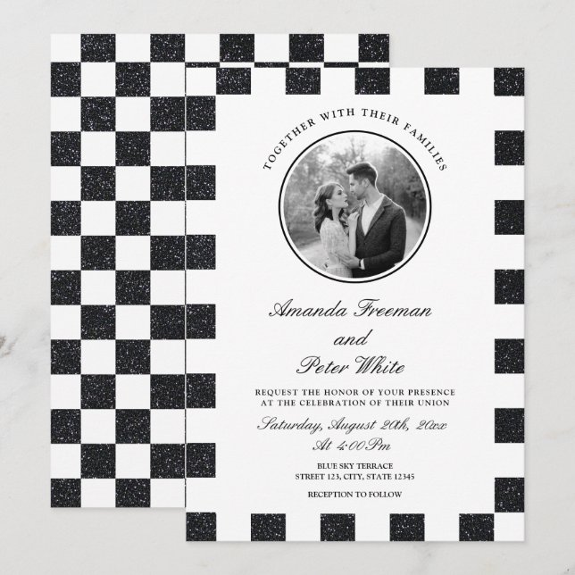 Invitation Mariage de tableau de bord noir et blanc élégant (Devant / Derrière)