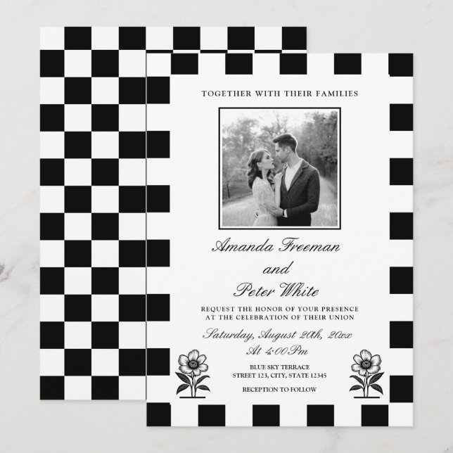 Invitation Mariage de tableau de bord noir et blanc élégant (Devant / Derrière)