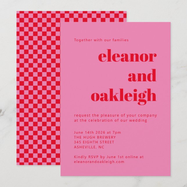 Invitation Mariage de tableau de bord rouge rose gras (Devant / Derrière)