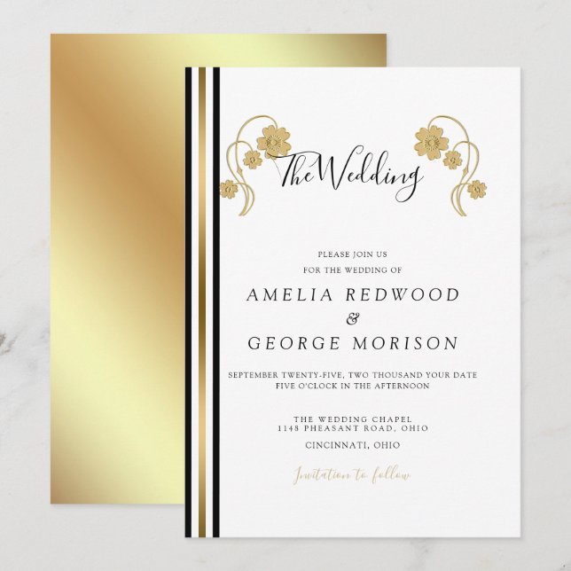 Invitation Mariage De Tailles Et De Fleurs D'Or (Devant / Derrière)