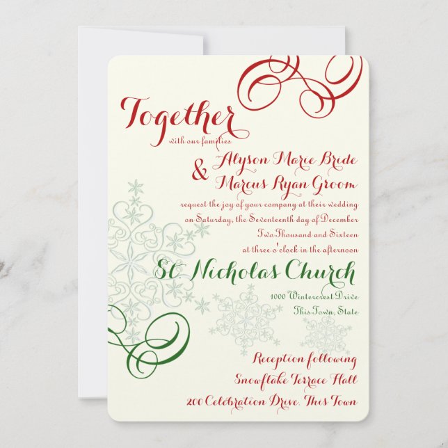 Invitation Mariage de texte Red et Green Snowflake (Devant)