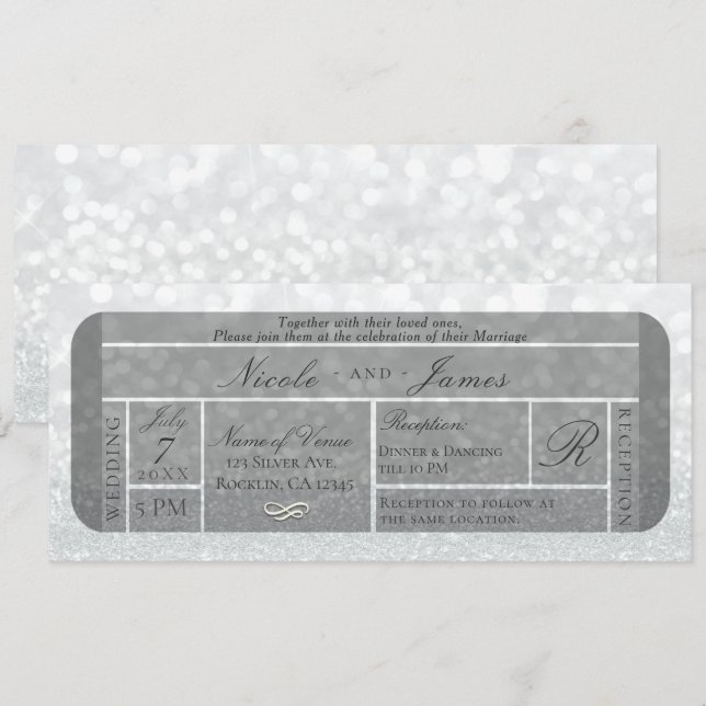 Invitation Mariage de ticket VIP Parties scintillant argent b (Devant / Derrière)