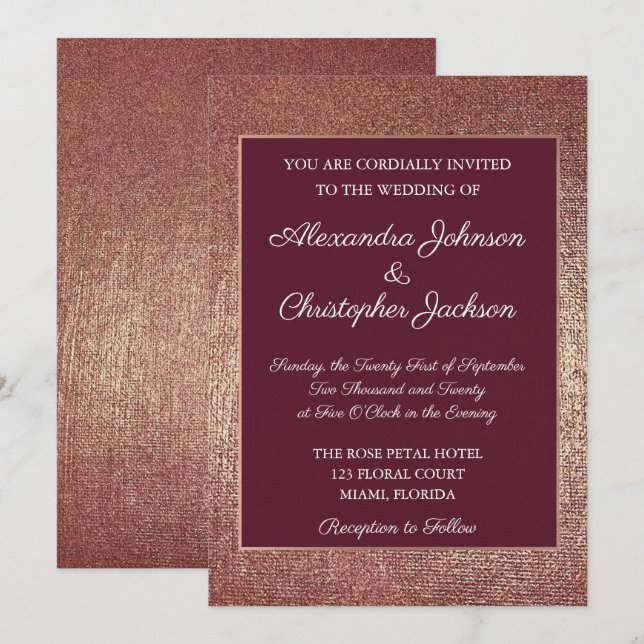 Invitation Mariage de tissu d'or Rose de Bourgogne (Devant / Derrière)