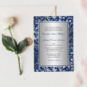 Invitation Mariage de tourbillons bleu marine et argent Damas