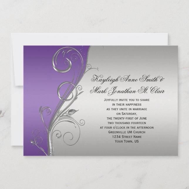 Invitation Mariage de tourbillons floraux d'argent violet (Devant)