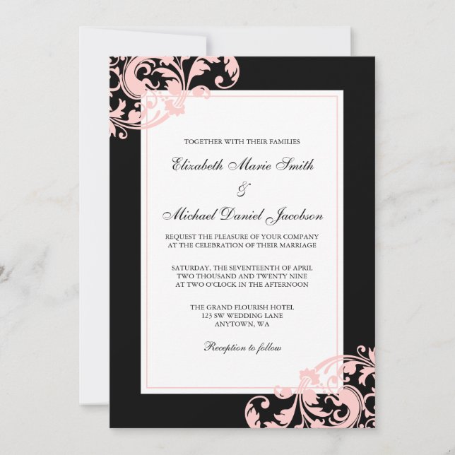 Invitation Mariage de tourbillons noirs et roses (Devant)