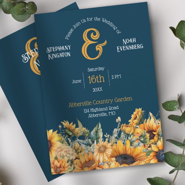 Invitation Mariage de tournesol bleu de la marine russe (Elegant Navy Blue Rustic Sunflower and Ampersand Wedding Invitation)