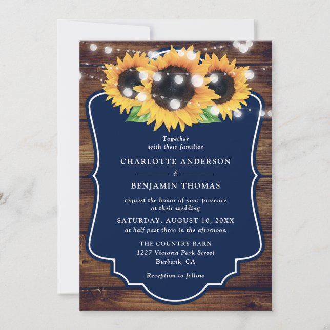 Invitation Mariage de tournesol bleu de la Marine Rustique Wo (Devant)