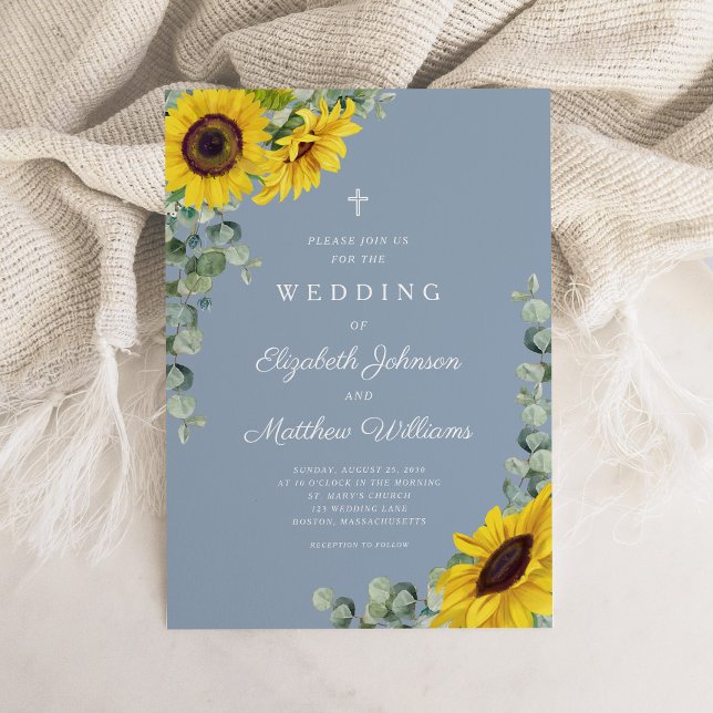 Invitation Mariage de tournesol bleu-dusty religieux (Religious Dusty Blue Floral Sunflower Wedding Invitation)