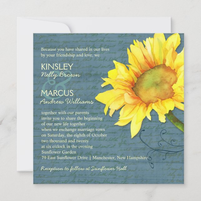 Invitation Mariage de tournesol bleu rustique (Devant)