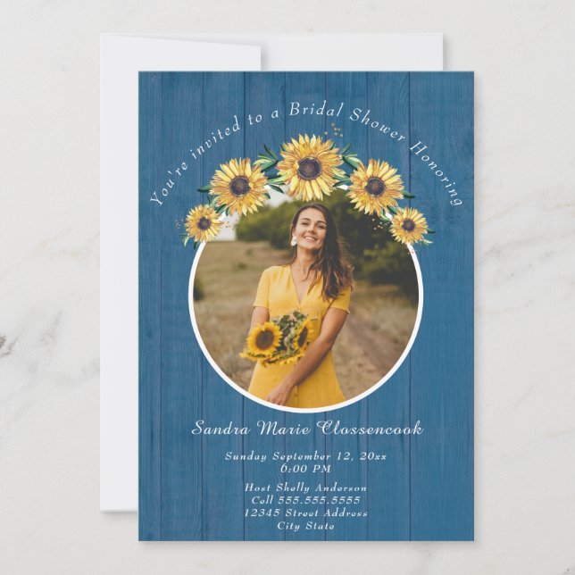 Invitation Mariage de tournesol bleu rustique I Fête des mari (Devant)