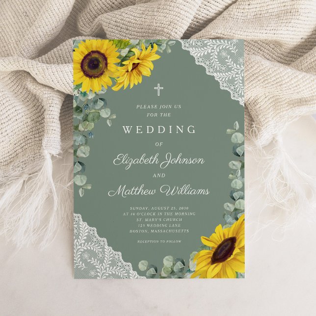 Invitation Mariage de tournesol de dentelle verte de la Croix (Religious Cross Sage Green Lace Sunflower Wedding Invitation)
