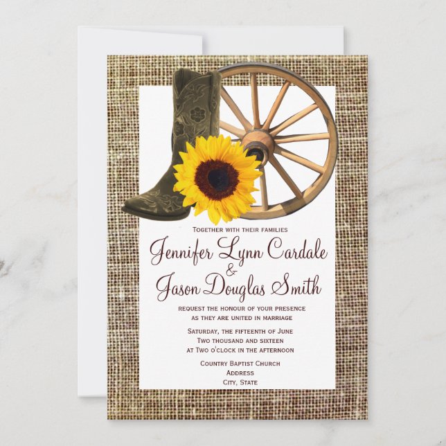 Invitation Mariage de tournesol de roues de bottes de cowboy (Devant)