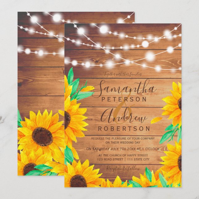 Invitation mariage de tournesol en bois d'orange rustique (Devant / Derrière)