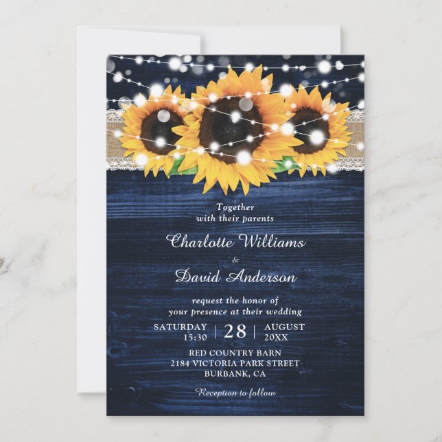 Invitation Mariage de tournesol en bois rustique bleu marine (Devant)