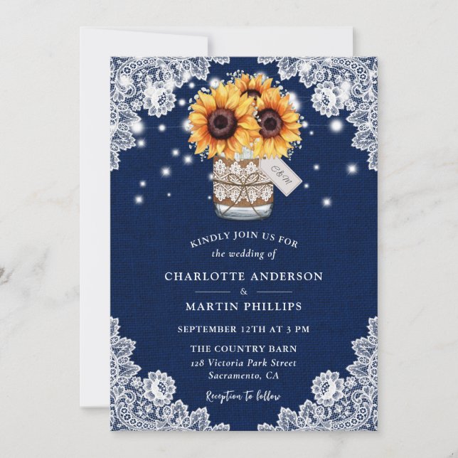 Invitation Mariage de tournesol en dentelle bleu de la marine (Devant)