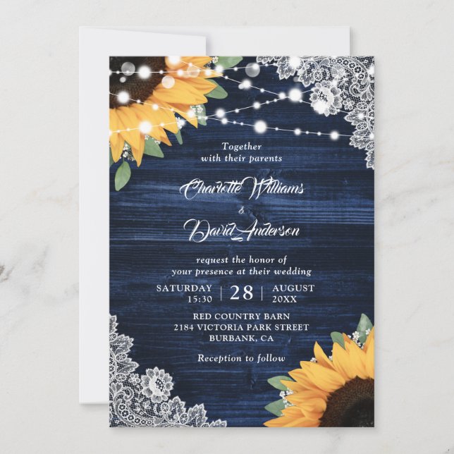 Invitation Mariage de tournesol en dentelle de bois bleu de l (Devant)