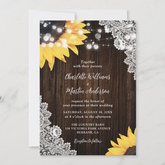 Invitation Mariage de tournesol en dentelle de bois rustique (Devant)