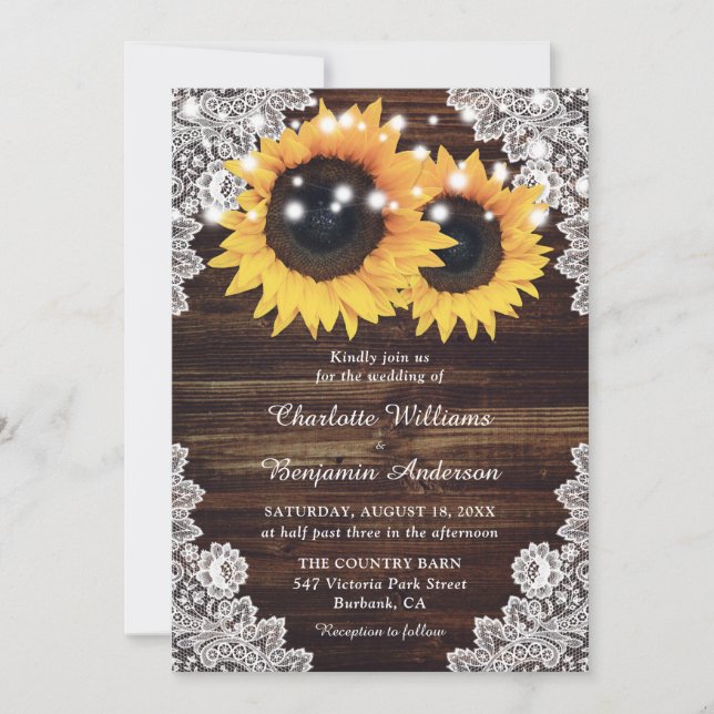 Invitation Mariage de tournesol en dentelle de bois rustique (Devant)