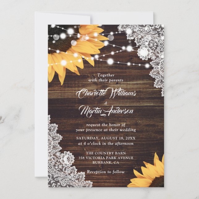 Invitation Mariage de tournesol en dentelle de bois rustique (Devant)