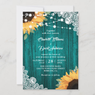 Invitation Mariage de tournesol en dentelle de bois turquoise