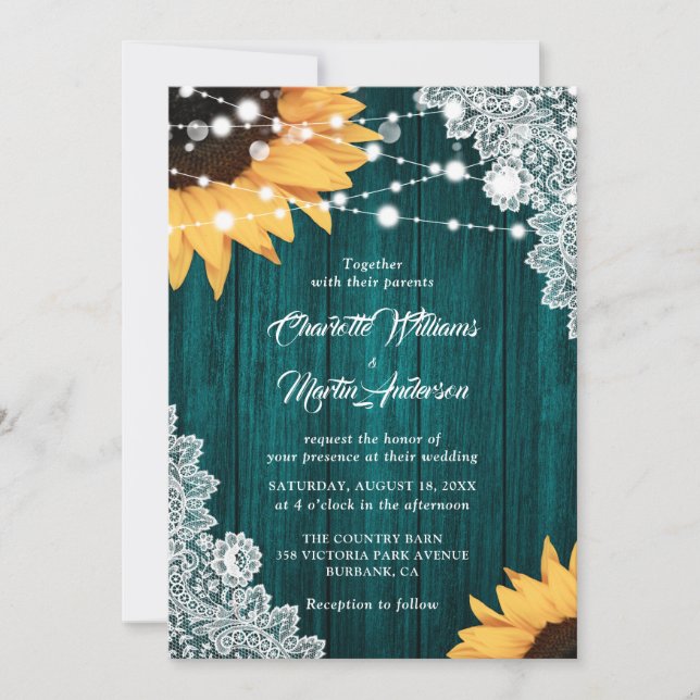 Invitation Mariage de tournesol en dentelle de bois Turquoise (Devant)