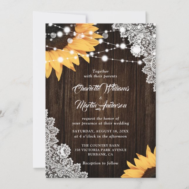 Invitation Mariage de tournesol en dentelle en bois rustique (Devant)