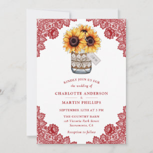Invitation Mariage de tournesol en dentelle rouge rustique