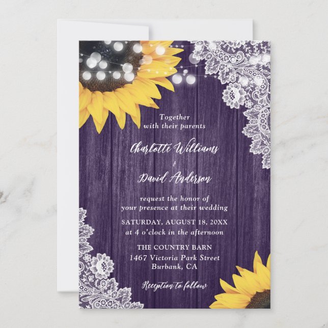 Invitation Mariage de tournesol en dentelle violette rustique (Devant)