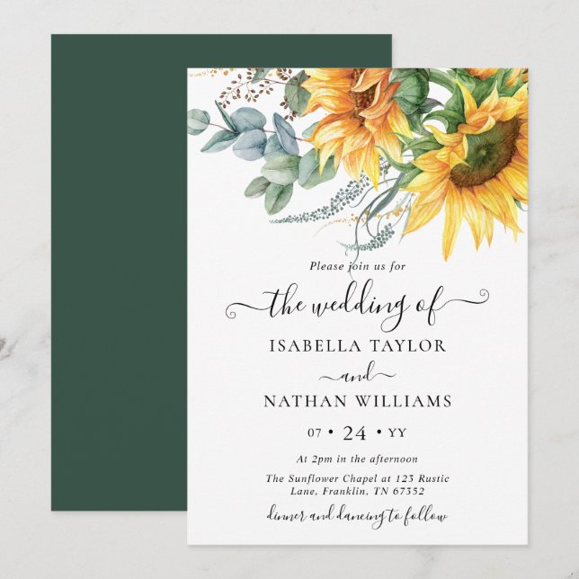 Invitation Mariage de tournesol Eucalyptus (Devant / Derrière)