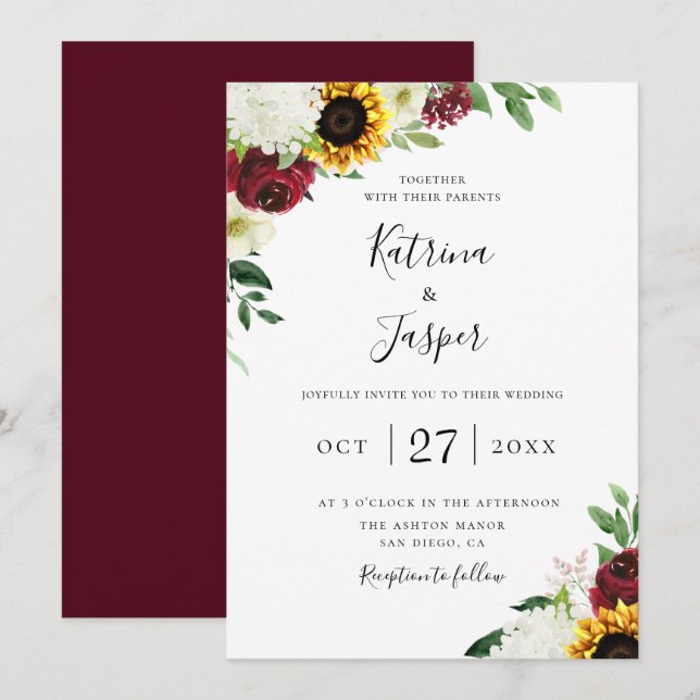 Invitation Mariage de tournesol floral de Bourgogne (Devant / Derrière)