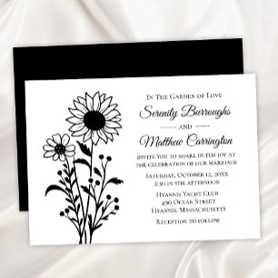 Invitation Mariage de tournesol - Floral noir et blanc rustiq