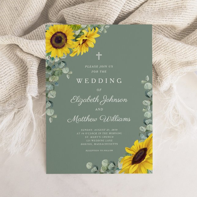 Invitation Mariage de tournesol floral vert Sage religieux (Religious Sage Green Floral Sunflower Wedding Invitation)