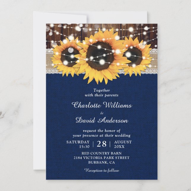 Invitation Mariage de tournesol rustique bleu marine (Devant)