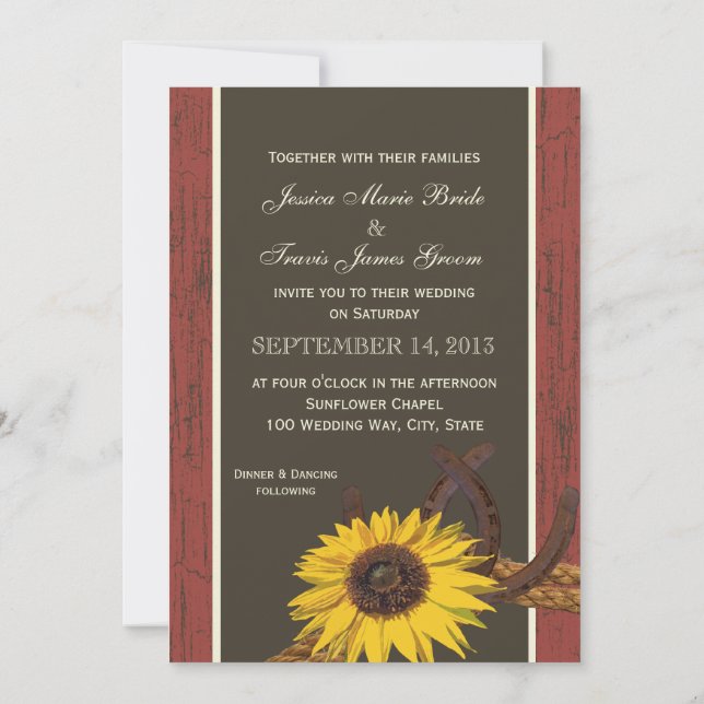 Invitation Mariage de tournesol rustique en bois de grange (Dos)