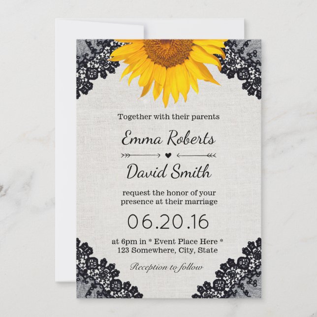 Invitation Mariage de tournesol rustique noir lacé élégant li (Devant)