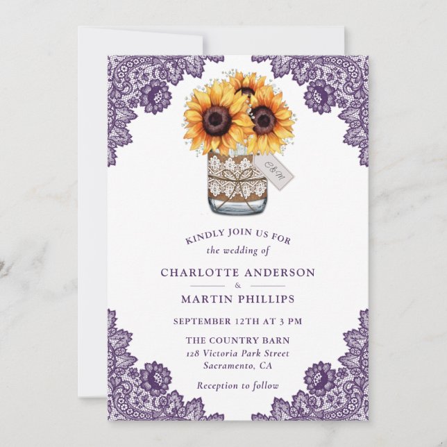 Invitation Mariage de tournesol violet rustique (Devant)